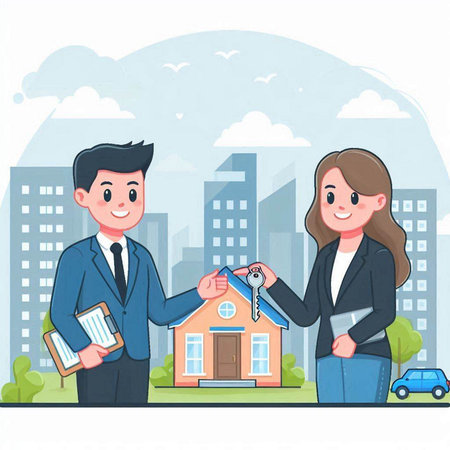 Real estate agent giving house keys to a young couple. Vector illustration.のイラスト素材