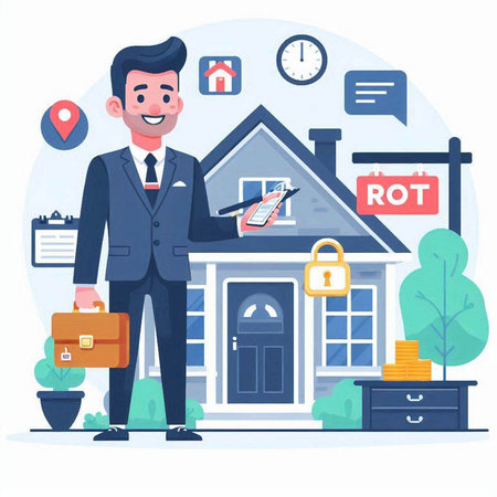 Real estate agent in front of house. Vector illustration in flat styleのイラスト素材