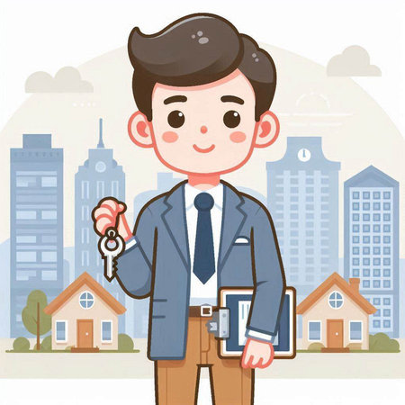 Real estate agent with house keys. Vector illustration in cartoon style.のイラスト素材