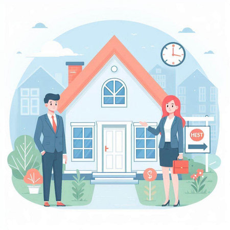 Real estate agent woman and man in front of house. Vector illustrationのイラスト素材