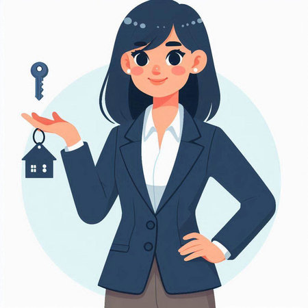Real estate agent woman holding house keys. Vector illustration in cartoon styleのイラスト素材