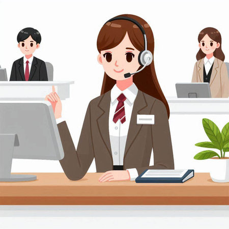 Call center staff with headset and customer service worker. Vector illustration.のイラスト素材