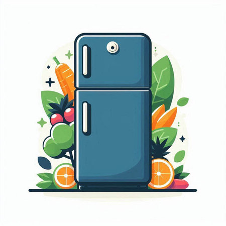 Refrigerator with fruit and vegetables on a white background. Vector illustration.のイラスト素材