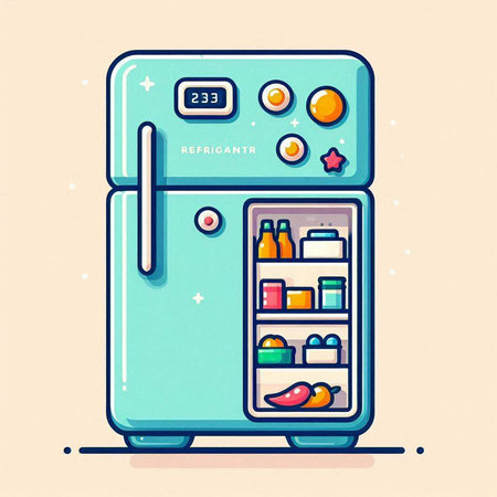 Cartoon fridge with food. Vector illustration in flat design style.のイラスト素材
