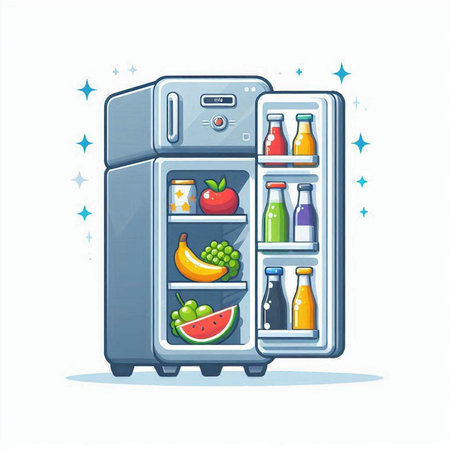 Refrigerator with fruits and vegetables. Vector illustration in cartoon styleのイラスト素材