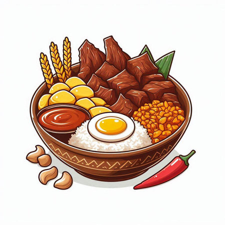 Illustration of a bowl of rice with beef, egg and vegetablesのイラスト素材