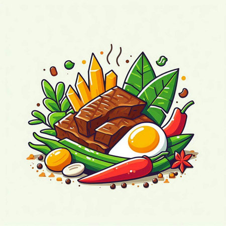 Steak, fried egg and vegetables on white background. Vector illustration.のイラスト素材