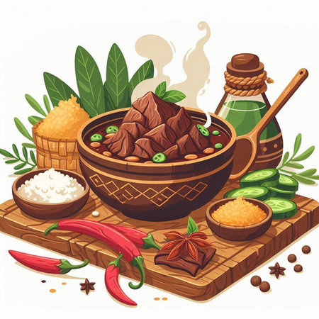 Vector illustration of a bowl of stewed beef with spices and vegetablesのイラスト素材