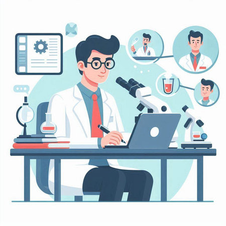 Scientist working in laboratory. Vector illustration in flat cartoon style.のイラスト素材