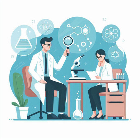 Scientist man and woman working in laboratory. Vector illustration in flat styleのイラスト素材
