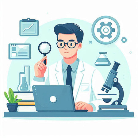 Scientist with laptop. Vector illustration in flat cartoon style. Medical concept.のイラスト素材