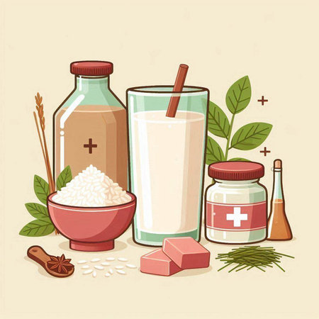 Vector illustration of a glass of milk, a jar of rice, a jar of milk, a spoon with a cinnamon stick and a bowl with rice.のイラスト素材