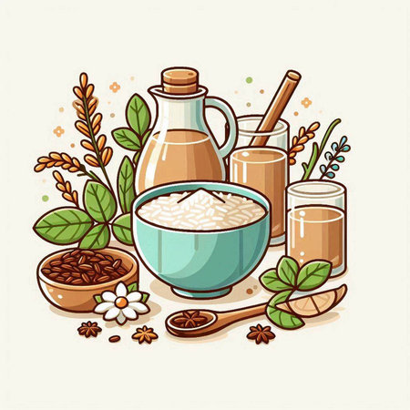 Vector illustration of a set of organic products. Milk, rice, coffee, oatmeal.のイラスト素材