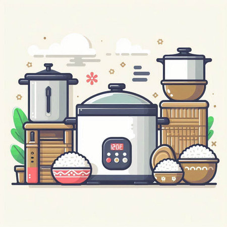 Vector illustration of rice cooker, rice cooker, rice cooker, rice bowl, rice cooker. Line art design for web, site, advertising, banner, poster, board and print.のイラスト素材