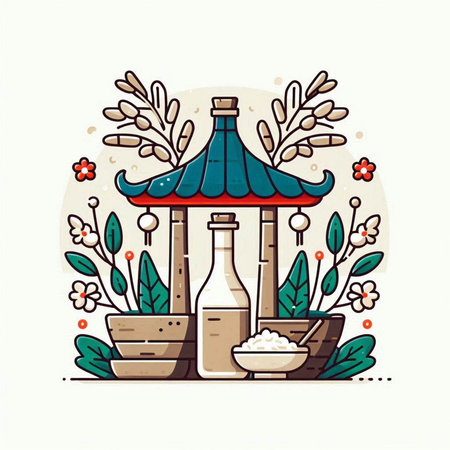 Vector illustration of Chinese restaurant. Flat line art style design. Asian food and drink.のイラスト素材