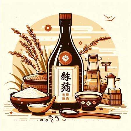 Japanese rice and sake bottle, vector illustration in flat style. Sushi menu design.のイラスト素材
