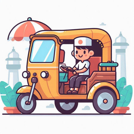 Vector illustration of a man driving a tuk tuk taxi.のイラスト素材
