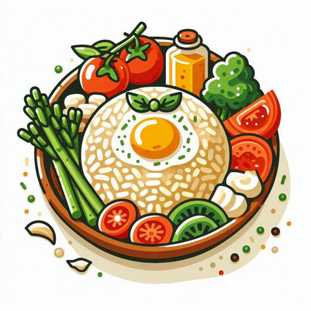 Illustration of a dish of rice with egg and vegetables on a white backgroundのイラスト素材