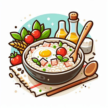 Oatmeal porridge with fried egg in a bowl. Vector illustration.のイラスト素材