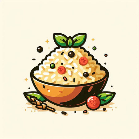 Illustration of a bowl of rice with fresh berries and mint.のイラスト素材