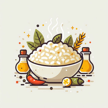 Rice in a bowl with spices and herbs, vector illustration.のイラスト素材