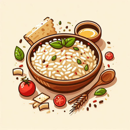 Rice porridge in bowl with ingredients. Vector illustration in cartoon style.のイラスト素材
