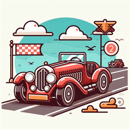 Vintage car on the road. Vector illustration in flat style.のイラスト素材