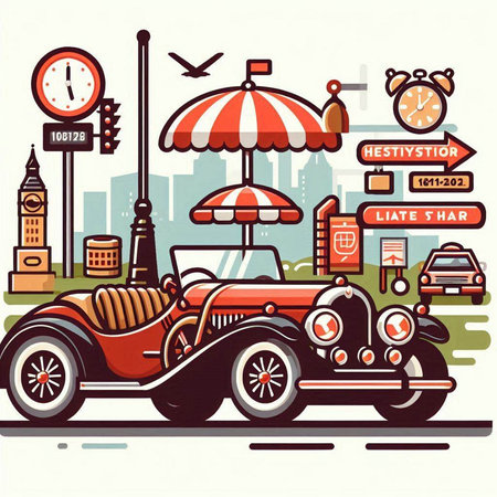 Vintage car on the road. Vector illustration in retro style.のイラスト素材