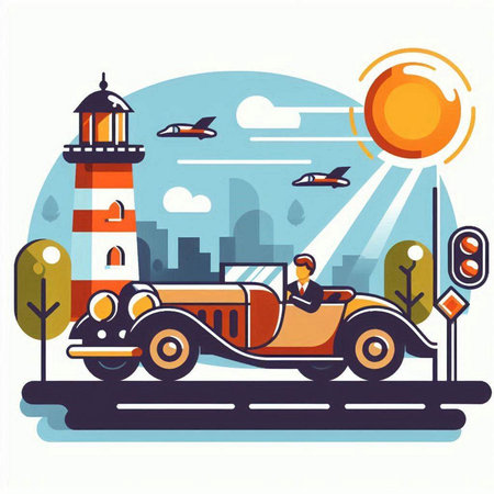 Vector illustration of a retro car on the road with a lighthouse in the background.のイラスト素材