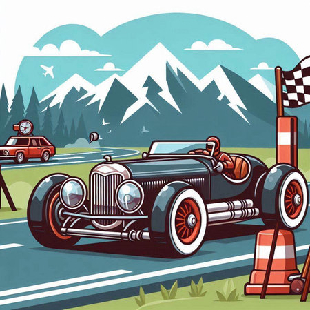 Retro car on the road with mountains. Vector illustration in cartoon style.のイラスト素材