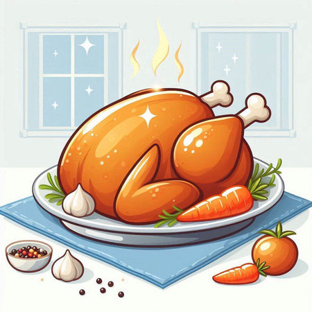 Illustration of a whole roasted turkey on a plate with carrots and garlicのイラスト素材