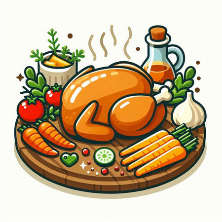 Illustration of a roasted turkey on a wooden board with vegetables.のイラスト素材