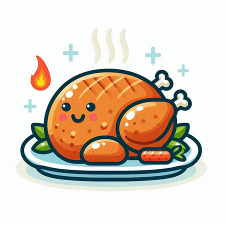 Illustration of a roasted turkey on a plate. Vector illustration.のイラスト素材