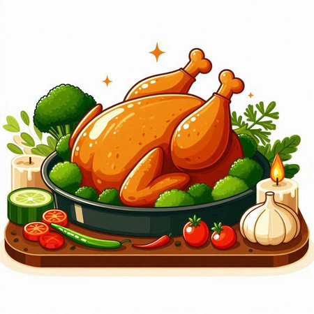 Illustration of a roasted turkey on a plate with vegetables on a white backgroundのイラスト素材