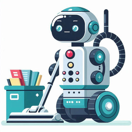 Robot cleaning the floor with a vacuum cleaner. Vector illustration.のイラスト素材