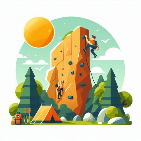 Climbing in the mountains. Vector illustration in flat style.のイラスト素材