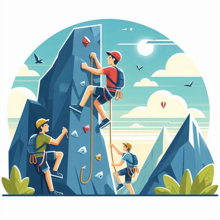 Man and woman climbing on a cliff. Flat style vector illustration.のイラスト素材