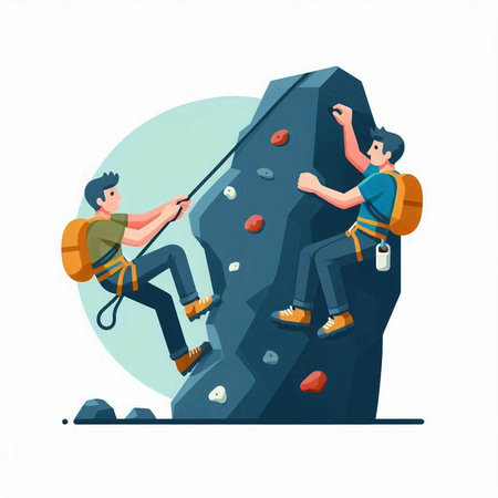 Climbing. A man climbs on a rock. Vector illustrationのイラスト素材