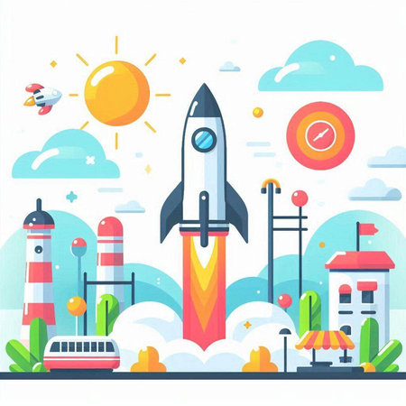 Rocket launch vector illustration. Flat style design. Start up, business, startup concept.のイラスト素材