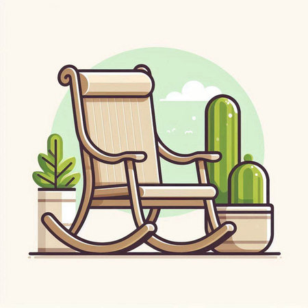 Wooden rocking chair in the garden. Vector illustration in flat styleのイラスト素材
