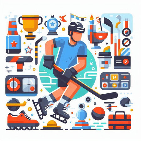 Hockey player and sport equipment. Vector illustration in flat style.のイラスト素材