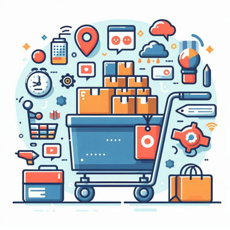 Shopping cart with boxes. Online shopping concept. Vector illustration.のイラスト素材