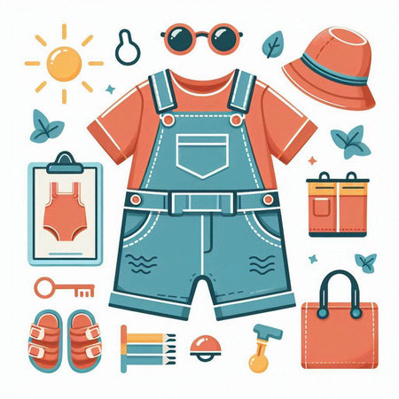 Set of summer clothes and accessories. Vector illustration in flat style.のイラスト素材