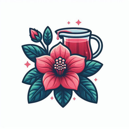 Hibiscus flower and cup of juice. Vector illustration.のイラスト素材