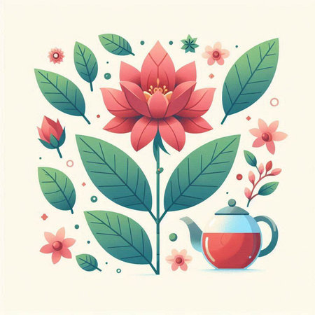 Flower and tea pot on the floral background. Vector illustration.のイラスト素材