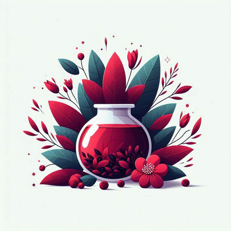 Beautiful vector illustration of a bottle of perfume with flowers and leavesのイラスト素材