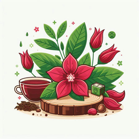 Cup of tea with red flowers and green leaves. Vector illustration.のイラスト素材