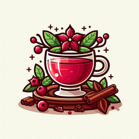 Cup of hot hibiscus tea with cinnamon and star anise. Vector illustration.のイラスト素材