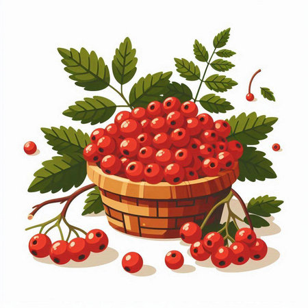 Ripe red rowan berries in a basket. Vector illustration.のイラスト素材