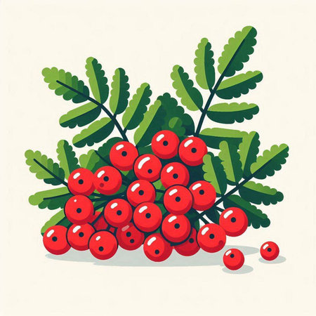 Bunch of rowan berries with green leaves. Vector illustration.のイラスト素材